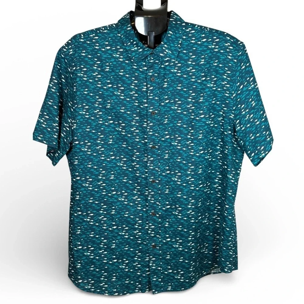 Banana Republic Mens XL Slim Fit Linen Blend Short Sleeve Button Down Shirt Fish
